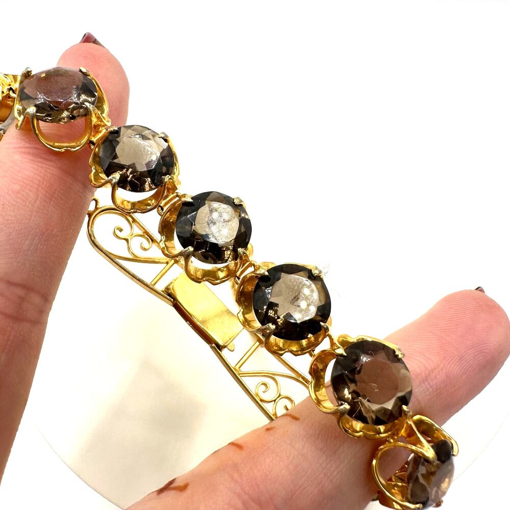 Vintage gold plated genuine brown smoky quartz gemstones tennis bracelet 7.25" - Picture 2 of 9
